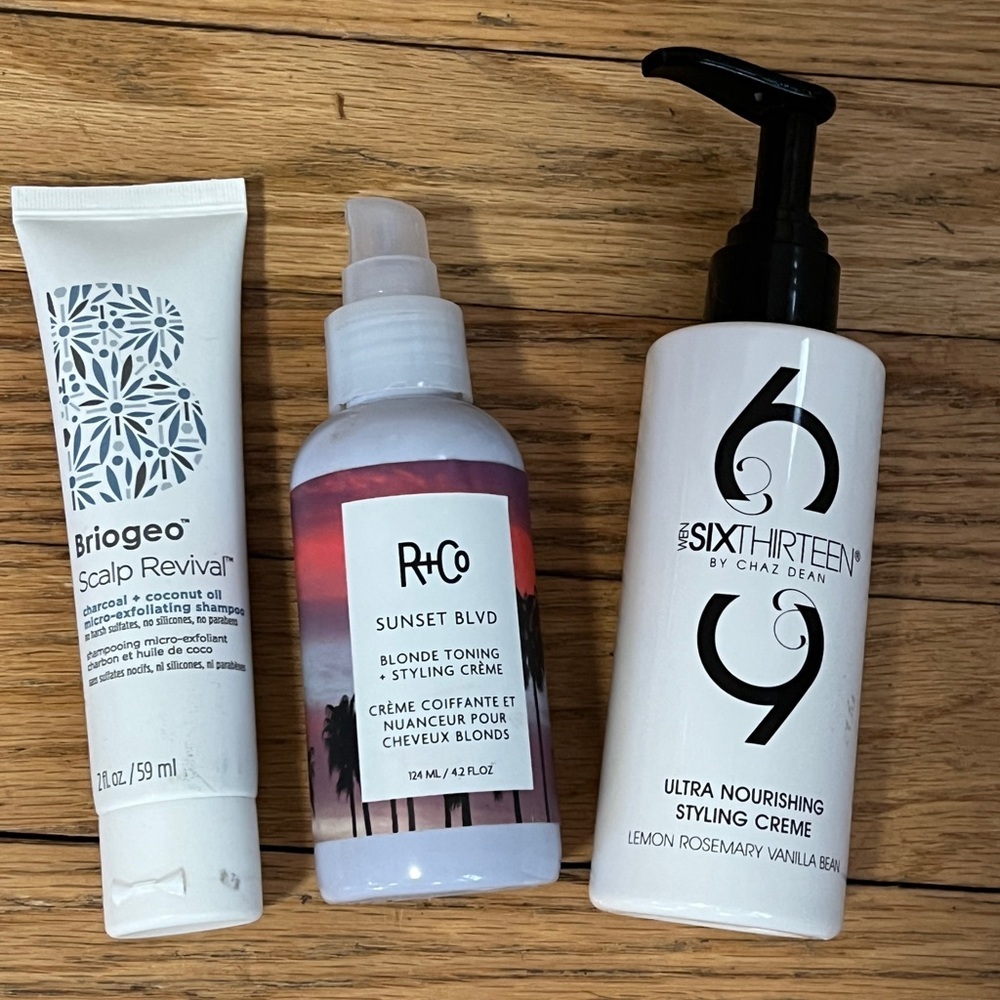 Briogeo Scalp Revival. R+Co Blonde Toning. SixThirteen Nourishing Styling Cream